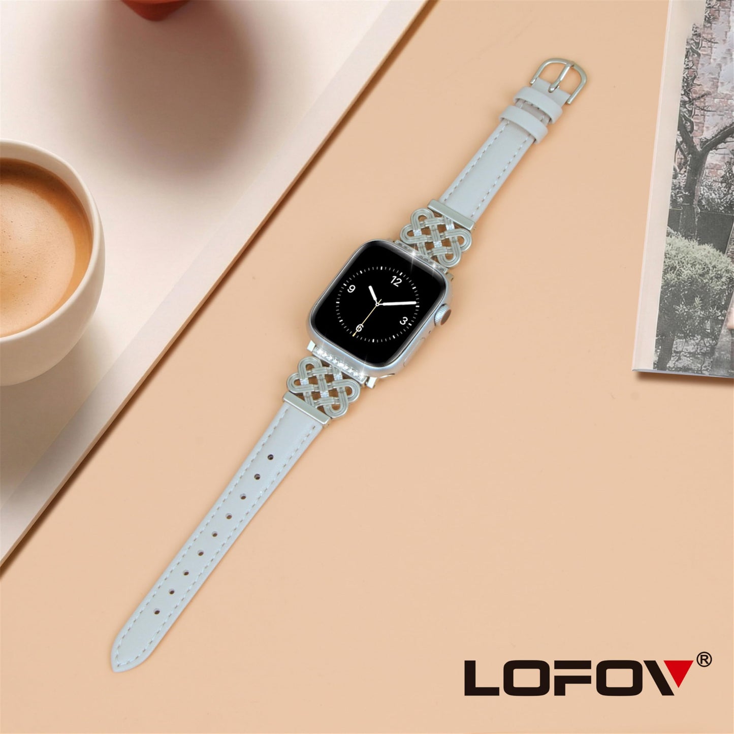 LOFOV Compatible with Apple Watch Bands Women 38/40/41/42mm Dressy Slim Leather Strap with Designer Celtic Knot Interlock Buckle Bracelet for iWatch Series 11 10 9 8 7 6 5 4 SE 3 2 1 (Starlight)