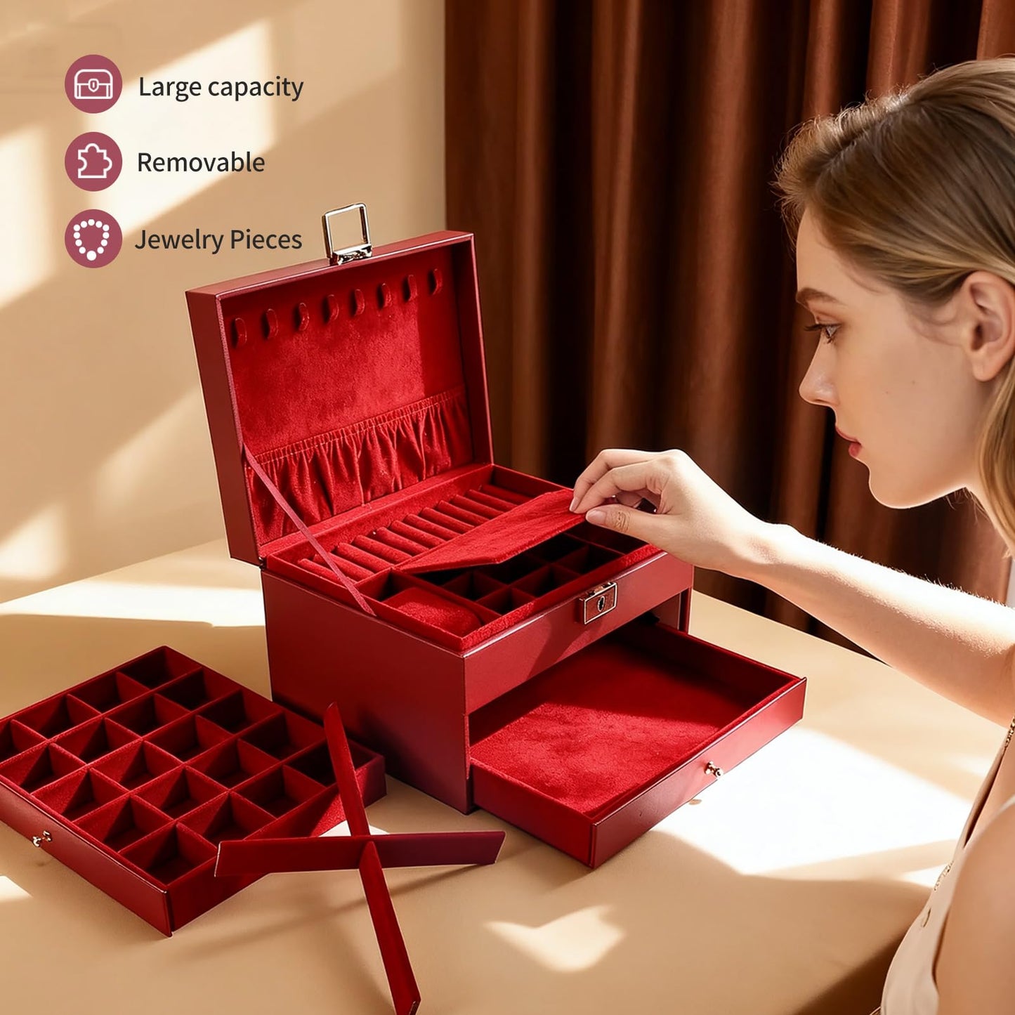 Greenfeather Jewelry Boxes for Women, Jewelry Organizer Box with Lid 3 Layers for Necklaces Rings Earrings and Bracelets Box to Store Jewelry Red Ideal Gifts