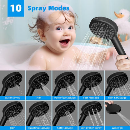 Hibbent cUPC Certified High Pressure 13'' Dual Shower Head Combo with 10-mode Handheld Spray, Rainfall 5-spray Shower Head, 12'' Adjustable Extension Arm, 71'' Hose, Showerhead Holder, Matte Black