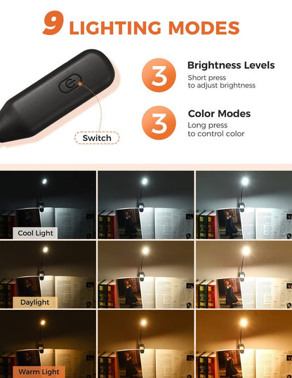 Monotremp Book Lights for Reading at Night in Bed, 80 Hours Runtime Rechargeable Reading Lights for Books in Bed, 3 Brightness Levels × 3 Color Temperatures, 1.3 oz Lightweight