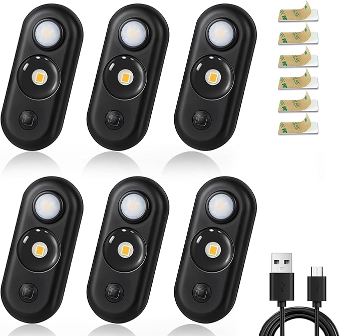 YGS-Tech LED Motion Sensor Light Indoor, Rechargeable Puck Lights, Magnetic Dimmable Under Cabinet Light, Wireless LED Lights for Closet, Kitchen, Stairs, Warm White, 6-Pack (Black)