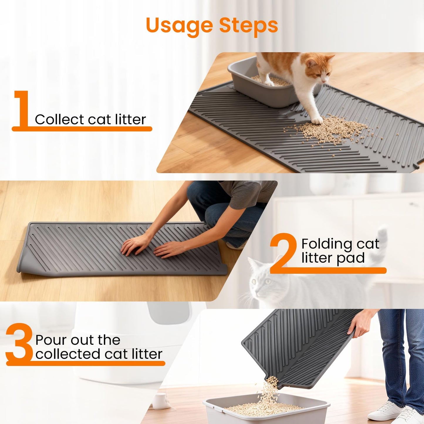 Barkitty Cat Litter Mat, Large 34" x 22" Litter Trapping Mat, Silicone Litter Mat for Litter Box, Waterproof Foldable & Easy Clean, Scatter Control, Soft on Paws, Gray