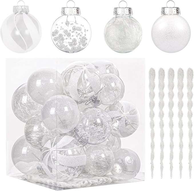 XmasExp 32ct Christmas Ball Ornaments Set -White Clear Plastic Shatterproof Xmas Tree Ball Decorations Hanging Baubles for Holiday Decor