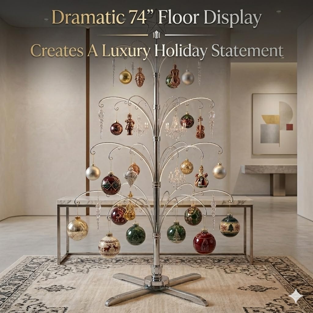 HOHIYA 74” Rotating Ornament Display Tree with 90 Hooks Heavy Duty Metal Christmas Ornament Stand Chrome Silver Holiday Display Rack Christmas Tree Alternative