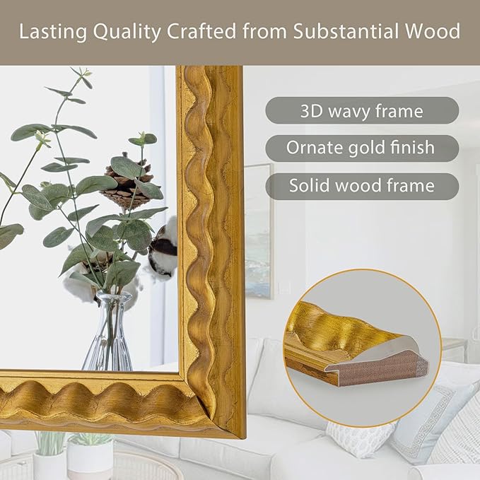Gold Mirror for Wall Decor, 46'' X 22'' Rectangular Decorative Mirror with Textured Wavy Wood Frame, Modern Bathroom Mirror for Wall, Hang Horizontally or Vertically