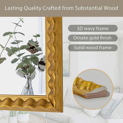 Gold Decorative Mirror for Living Room, 39'' X 27'' Rectangular Wall Mirror with Wavy Wood Frame, Unique Gold Wood Mirror for Bathroom, Dining Room, Entryway, Hallway