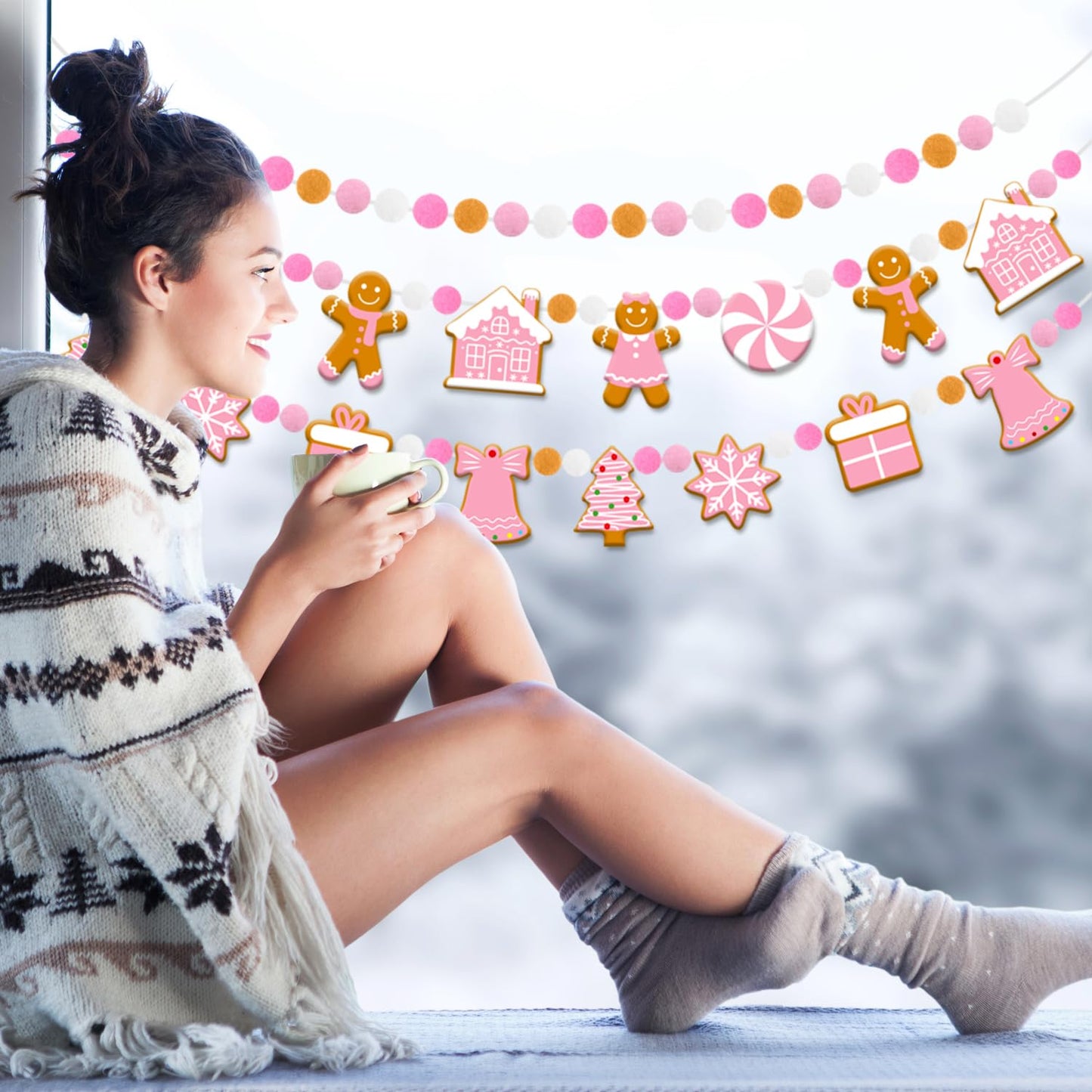 Doumeny 3Pcs Pink Christmas Felt Ball Banner Xmas Gingerbread Man Candy House Garland Bunting Xmas Tree Snowflake Bunting Garland Christmas Pom Pom Banner for Winter Party Holiday Mantel Home Decor