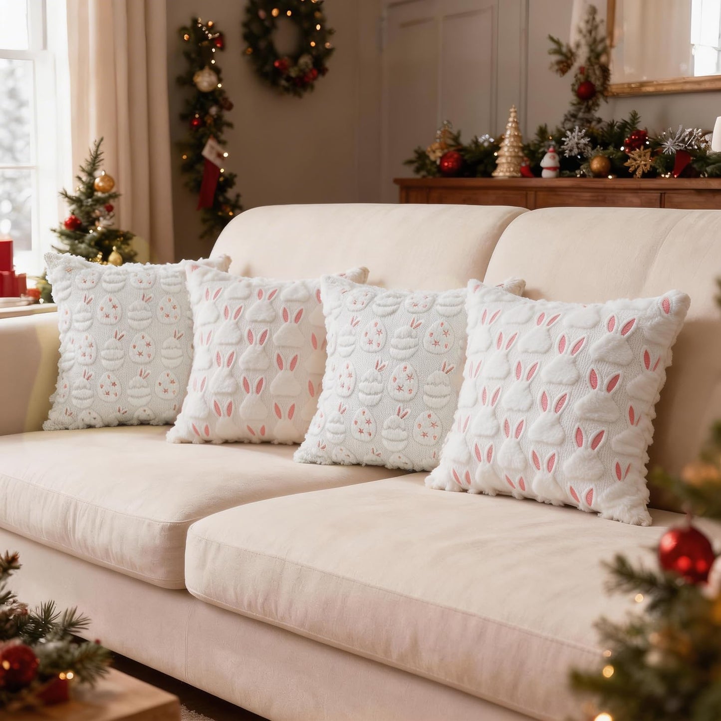 HDVUHKI Easter Throw Pillow Covers 18x18 inch Set of 4, White Pink Bunny Eggs Holiday Living Room Soft Fluffy Plush Faux Fur Wool Decorations for Sofa Couch Bed