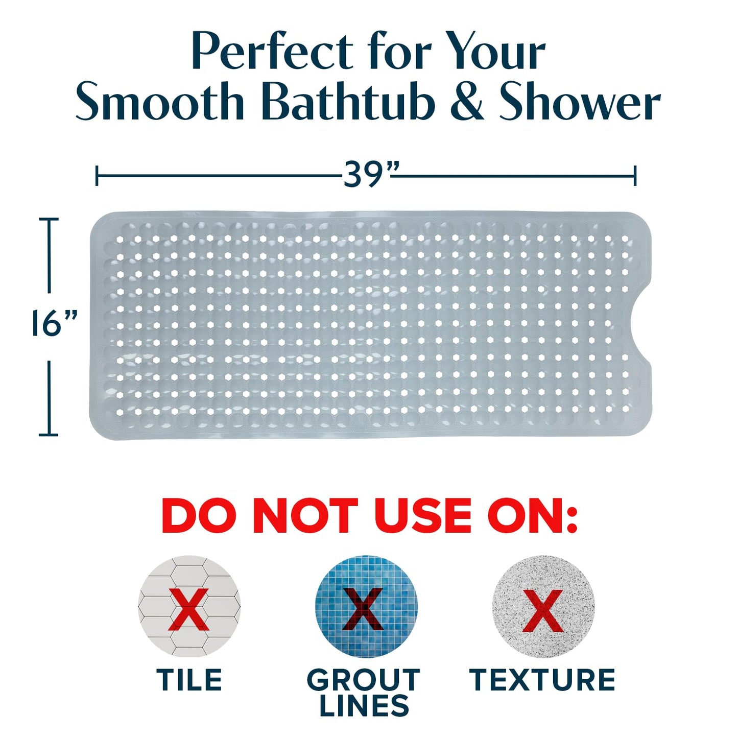 SlipX Solutions Power Grip Bathtub Safety Mat | Precision Grip Technology for Longer, Stronger, & Softer Wet Surface Protection | Solid Gray 39"x16"