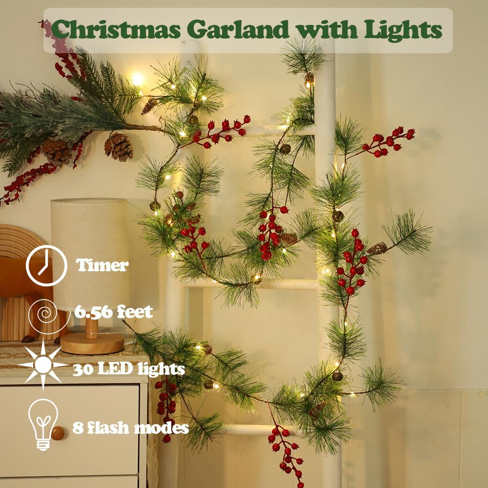 Christmas Garlands 6.56FT 30 LED Remote Garlands with Lights Battery Operated Pine Garland with Artificial Greenery Garland Christmas Decorations Timer & 8 Flash Modes