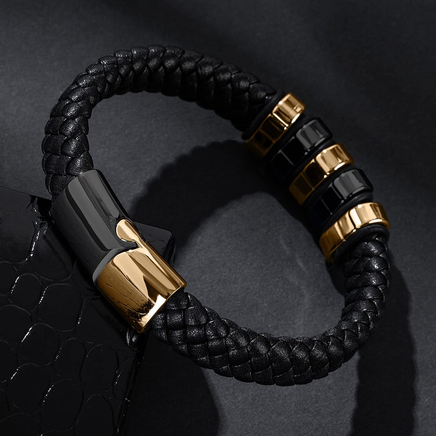 LJWVX Mens Black Leather Bracelets,Braided Leather Wristband Cuff Bracelet,Stainless Steel Clasp,Gifts for Men