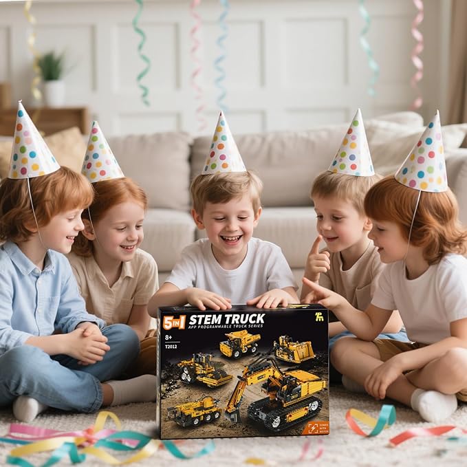 5 in 1 STEM Building Block Set for Kids Ages 8-14 Remote Control and App Controlled Excavator/Crane/Truck/Bulldozer/Roller Birthday Gift for 8 9 10 11 12+ Years Old