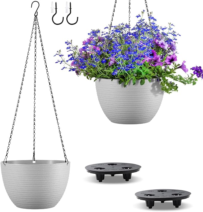 Set of 2 10 Inch Self Watering Hanging Planters for Indoor Outdoor Plants, Light Textured Hanging Baskets Flower Pots with Drainage Hole & Plug and 20" Chain Hanger