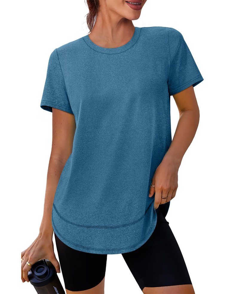 Workout Tops for Women Spring Summer Short Sleeve Golf Outfits Gym Essentials Activewear Running Shirts Blue Green S