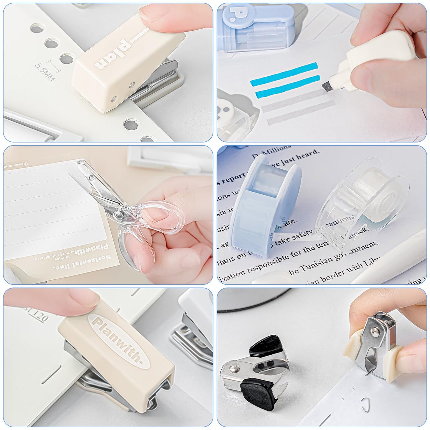 HannaFires 8-Piece Mini Office Supplies Kit Set - Portable Desk Accessories Set for School, Office & Back to School Gift (White)