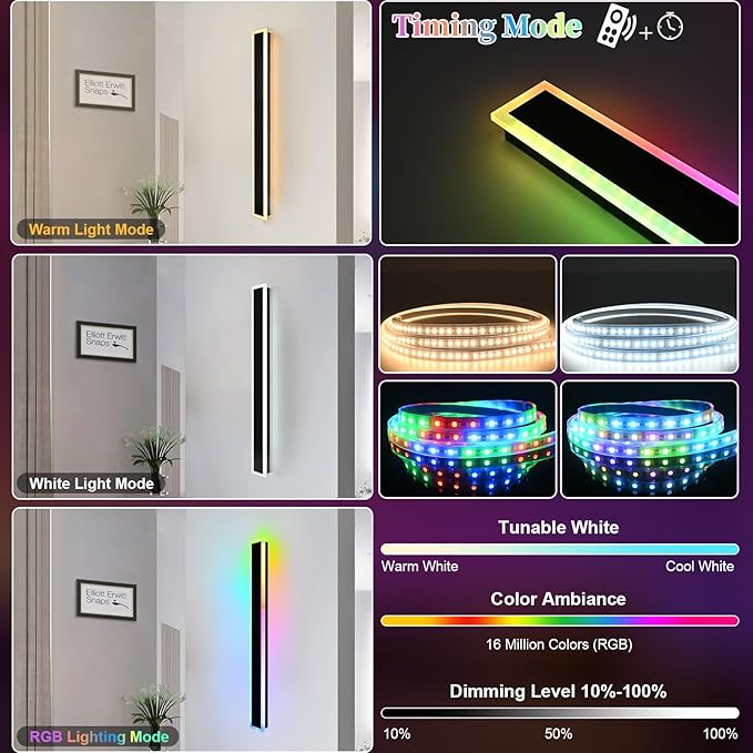 2 Pack Modern RGB Outdoor Wall Lights for Patio,48 inch Long Outdoor LED Wall Lights,Dimmable LED Long Linear Exterior Lighting,Outside Linear Wall Light for Front Door,Garage,Enterway
