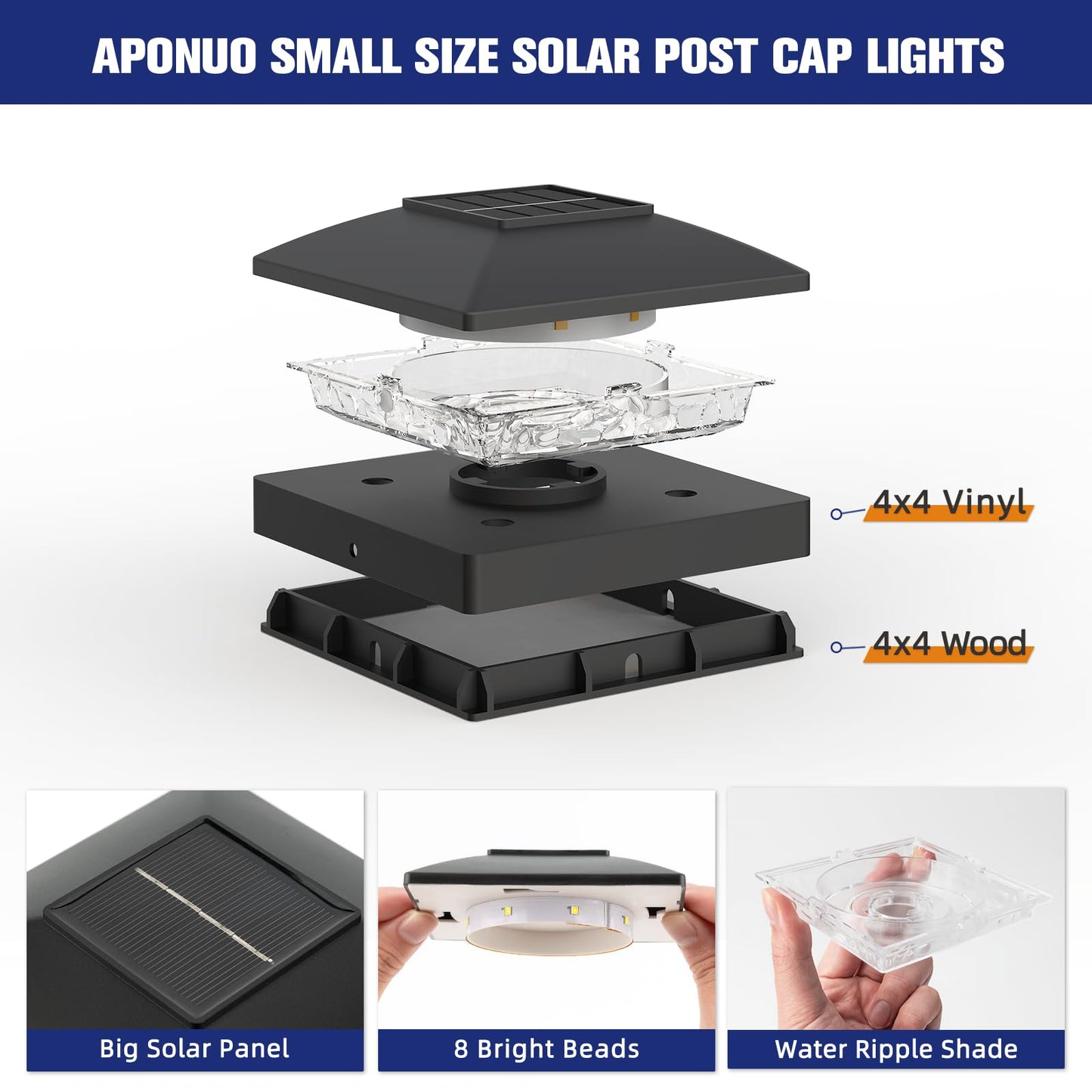 APONUO Solar Post Cap Lights for 4x4 Posts - IP64 Waterproof, 6500K LED, No-Wire Fence Lights & Deck Lights for Patio Garden Yard Patio, Black-Cool White, 16 Pack