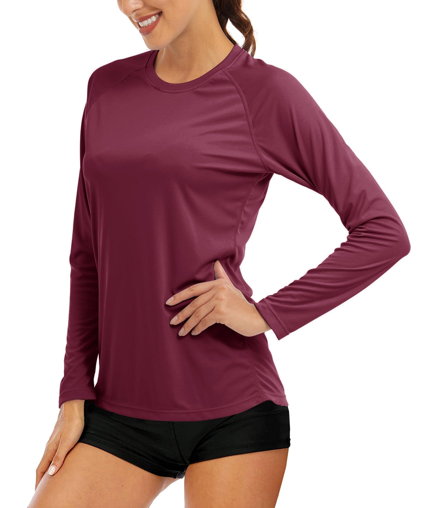 MAGCOMSEN Long Sleeve T Shirts for Women Sun Protection Shirts for Women Performance Summer Tee Running Shirts for Women Workout Shirts for Women Wine Red