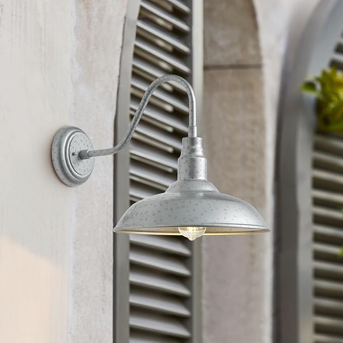 10in. Dome Outdoor Gooseneck Barn Light, 2 Pack Galvanized Steel Exterior Gooseneck Lighting Fixture with Wall Mount Farmhouse Style Outside Barn Door Wall Sconce, Waterproof, LM2201-SV-2P