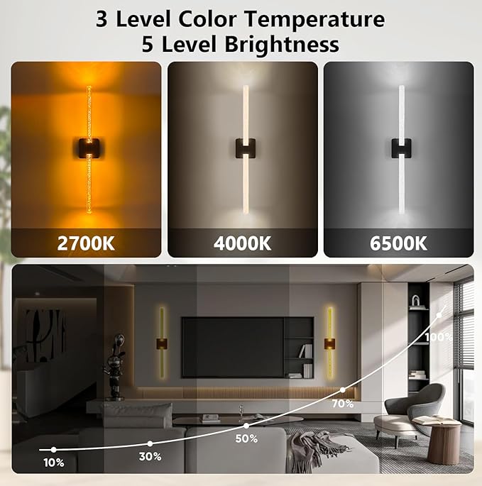 25in Crystal Battery Operated Wall Sconces Set of Two, [Sunset Glow Ambiance & 8000mAh Removable Battery] Dimmable 2700K–6000K, Touch/Remote Control, Wireless Wall Lamps for Home Decor–Black