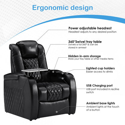 Weilianda Home Theater Seating Top Grain Leather Recliner Chair Power Headrest and Recline Movie Seats Gaming Sofa with Tray Table Type-C USB Charge Cup Holders Row of 6 Black