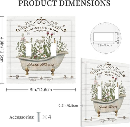 Rustic Farmhouse Wooden Board Botanical Flower Double Toggle Light Switch Cover Decorative 2 Gang Wall Plate Electrical Switchplate Faceplate for Bathroom Kitchen Decorate Accessories