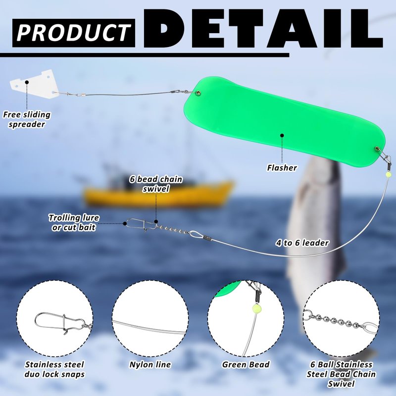 Threlaco 6 Pcs Trolling Bumper for Trolling Flashers Dodgers Fishing Leader Saltwater Leader Line Bottom Rigs Clear Nylon Surf Fishing Steel Tackle Rigs with Swivel Snaps Beads(18 Inch)