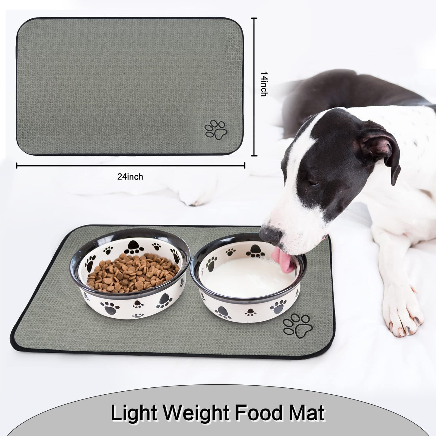 SINLAND Microfiber Pet Bowl Mat Dog Cats Feeding Mats for Food and Water Dish Drying Mat with Anti-Skid Backing 14.2Inch x 24Inch Grey