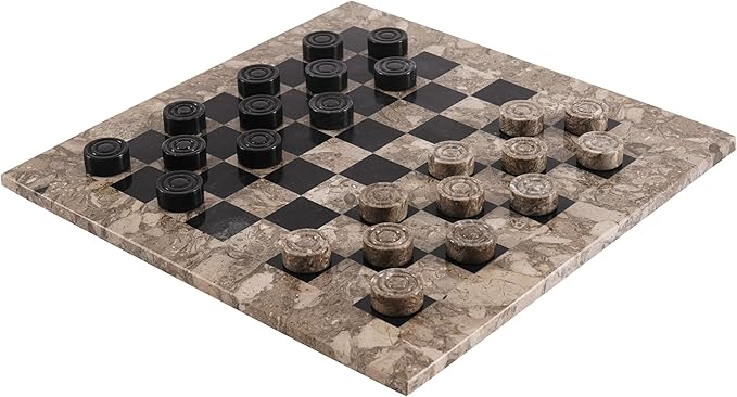 Marble Checkers Board Game 15 Inches Oceanic and Black Handmade 2-Player Tournament Checker Set Board Game Set – Elegant Holiday