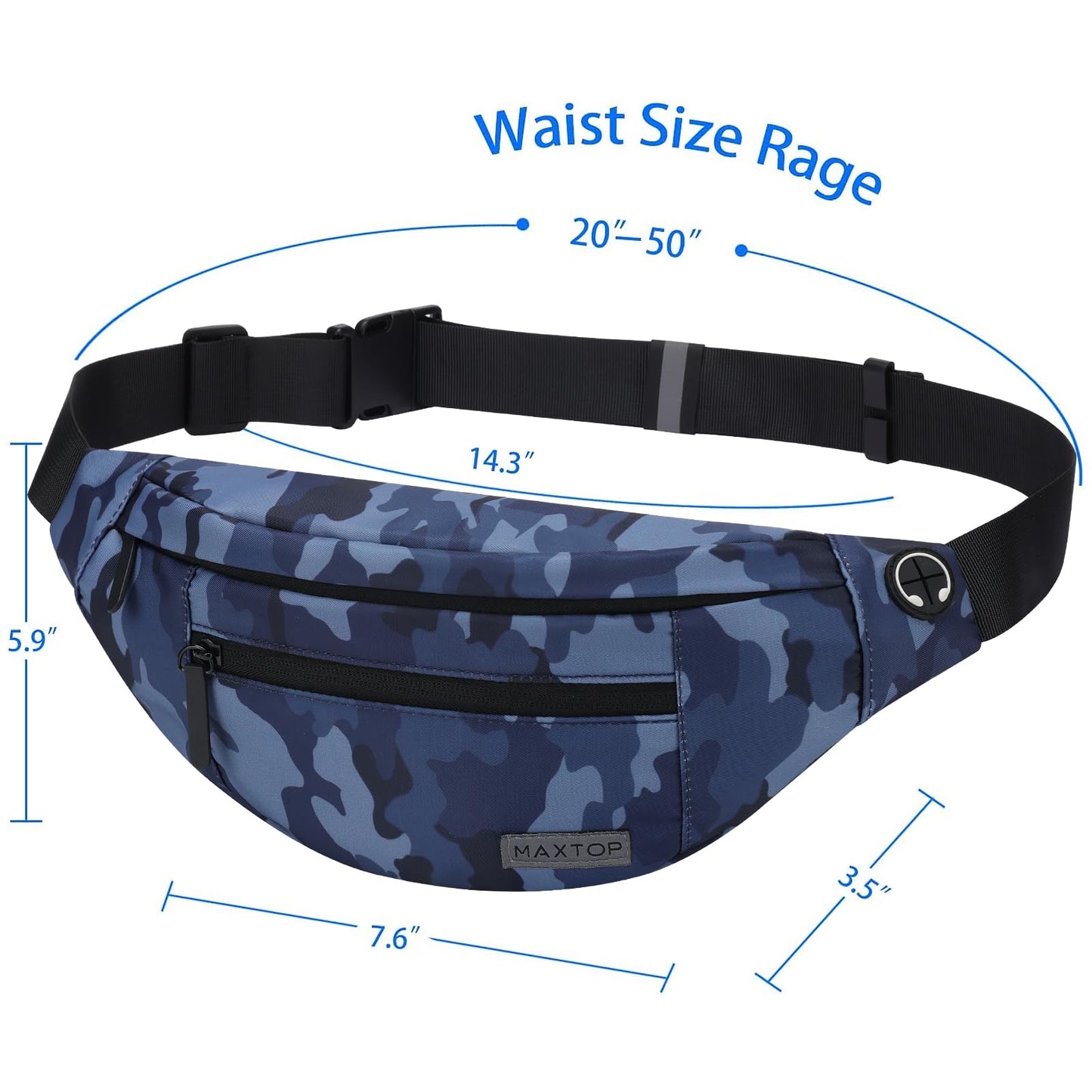MAXTOP Large Fanny Pack Cross Body Bag Lightweight Belt Bag with Headphone Jack and 4-Zipper Pockets Adjustable Straps for Sports Workout Traveling Running Casual