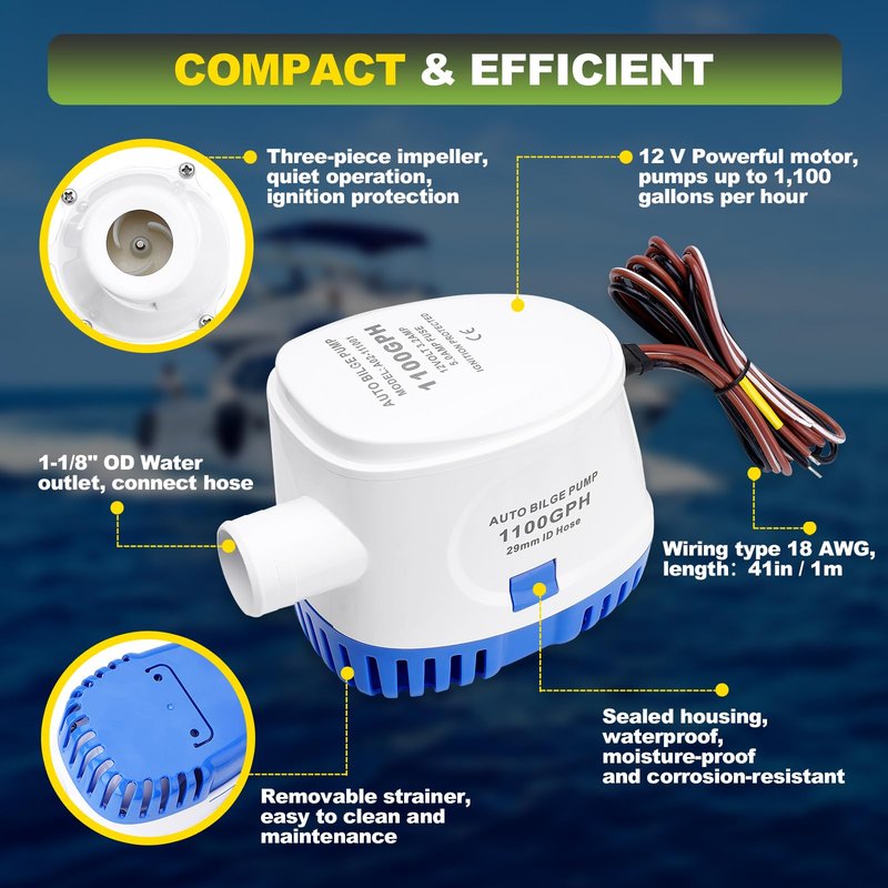 1100 GPH Automatic Boat Bilge Water Pump 12V with 3 Way Switch Panel & 1-1/8 Inch Dia Bilge Pump Plumbing Kit Ideal for Fishing Boats, Cruisers, Runabouts, Yachts