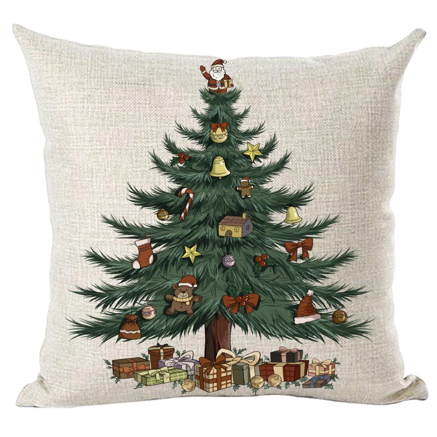 Ramirar Merry Christmas Happy New Year Retro Green Pine Tree Santa Claus Dolls Gifts Decorative Throw Pillow Cover Case Home Living Room Bed Sofa Car Cotton Linen Square 18 x 18 Inches