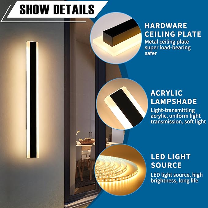 2 Pack Long Outdoor Wall Light, 47.2inch Modern Wall Sconce, 3000K Warm White, IP65 Waterproof, White Acrylic, 42W Minimalist Exterior Light Fixture for Garage, Patio, Porch, Garden