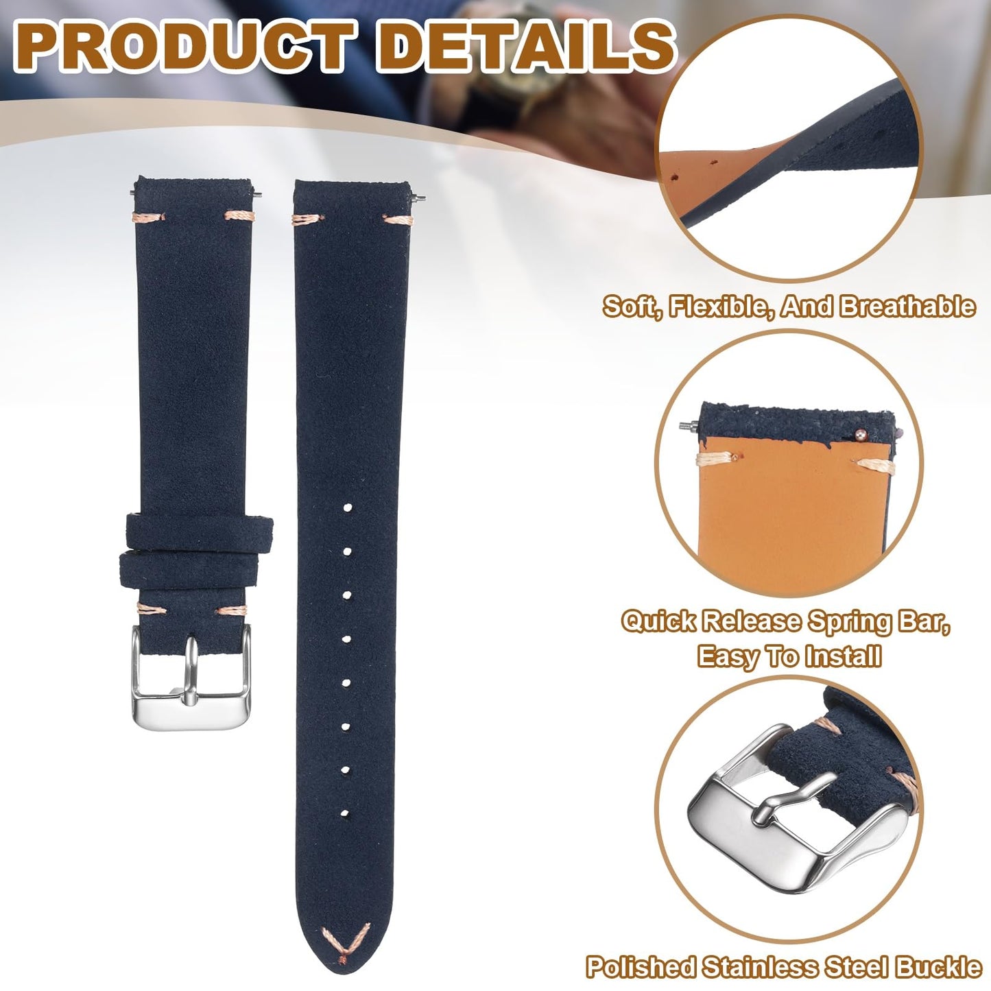 HARFINGTON Leather Watch Band 18mm Width Watch Strap Top-Grain Suede Cowhide Wrist Bands Replacement with Stainless Steel Buckle for Men Women, Dark Blue