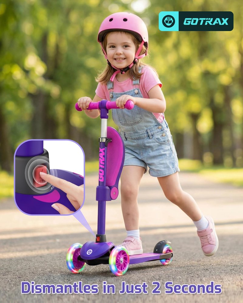 Gotrax KS3 Kids Kick Scooter, LED Lighted Wheels, Adjustable Height Handlebars and Removable Seat, Lean-to-Steer & Widen Anti-Slip Deck, 3 Wheel Scooter for kids Ages 2-8 and up to 100 Lbs (Purple)