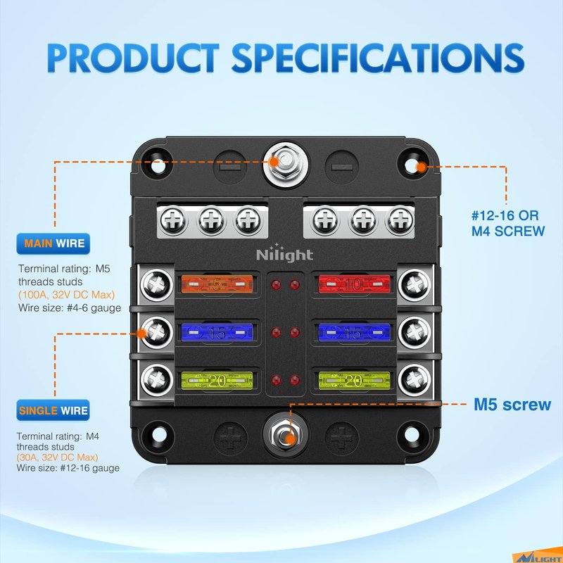 Nilight - 50055F 6 Way Blade Screw Fuse Block 6 Circuits with Negative Bus Fuse Box Holder with LED Indicator ATO/ATC Fuse Panel Waterproof Cover for 12V Automotive Cars Marine Boats RVs Trailers
