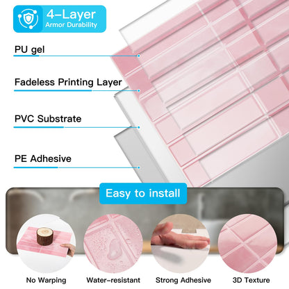 Art3d 11.4 x 9 Inch Heavy-Duty Peel and Stick PVC Backsplash for Home Décor, 10-Pack PVC Wall Tiles for Kitchen Countertop, Pink Marble