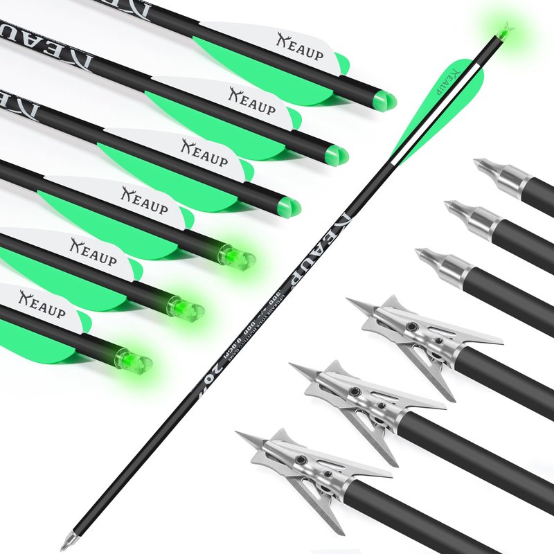 KEAUP 20 inch Carbon Crossbow Bolts with Crossbow Broadheads and Lighted Nocks, 6 Pack Hunting Carbon Crossbow Arrows for Archery Practice and Hunting