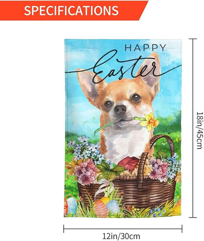 Happy Easter Chihuahua Dog Flowers Eggs Bunny Garden Flag Welcome Party Outdoor Outside Decorations Picks Home House Garden Yard Decor 12x18 Inch