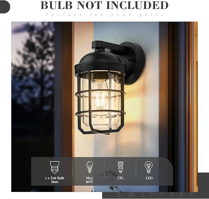 Emliviar 1-Light Outdoor Wall Sconce, Metal Cage Industrial Exterior Wall Light Fixture, Clear Tempered Glass with Black Finish, GE255BL BK