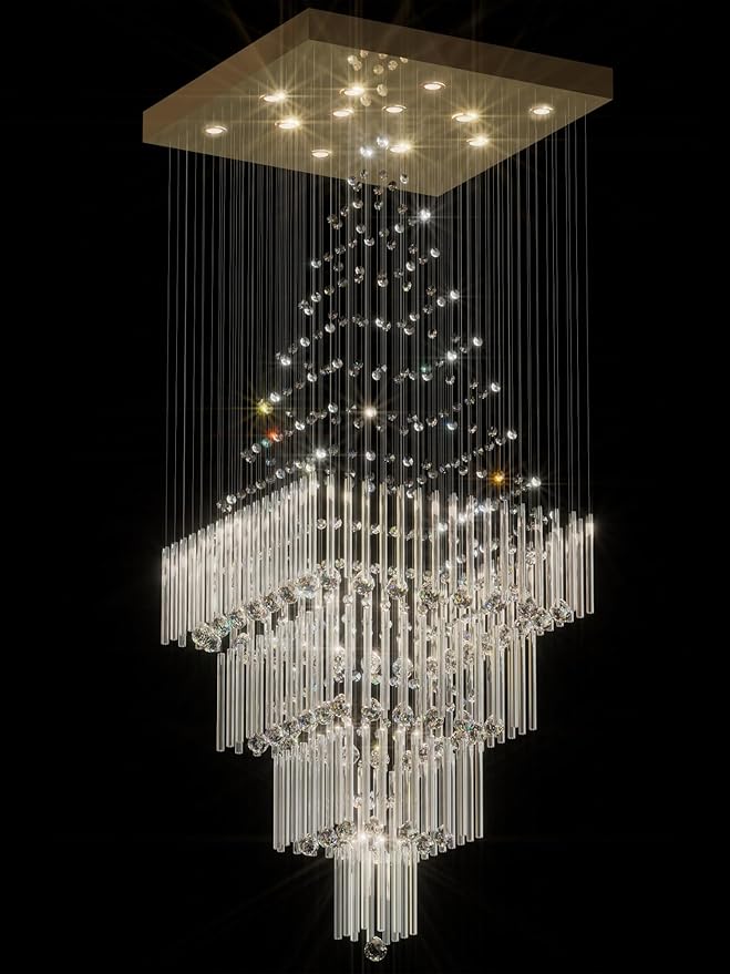 Flashing God D32''X H79'' Extra Large Chandeliers for High Ceilings Square Crystal Raindrop Gold Chandeliers Large Villa Chandelier Entrance Foyer Ceiling Light LED Dimmable 2700K-6000K