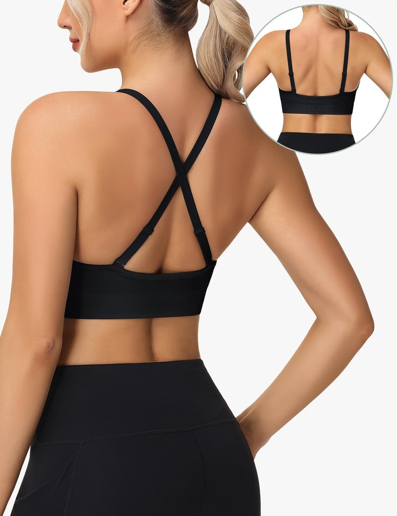 WANAYOU Sports Bras for Women, Deep V Neck Adjustable Spaghetti Strap Cross Back Sport Bra with Padding Low Support Wirefree Seamless Sexy Triangle Bralettes for Women 3 Pack Black Grey Blue Large