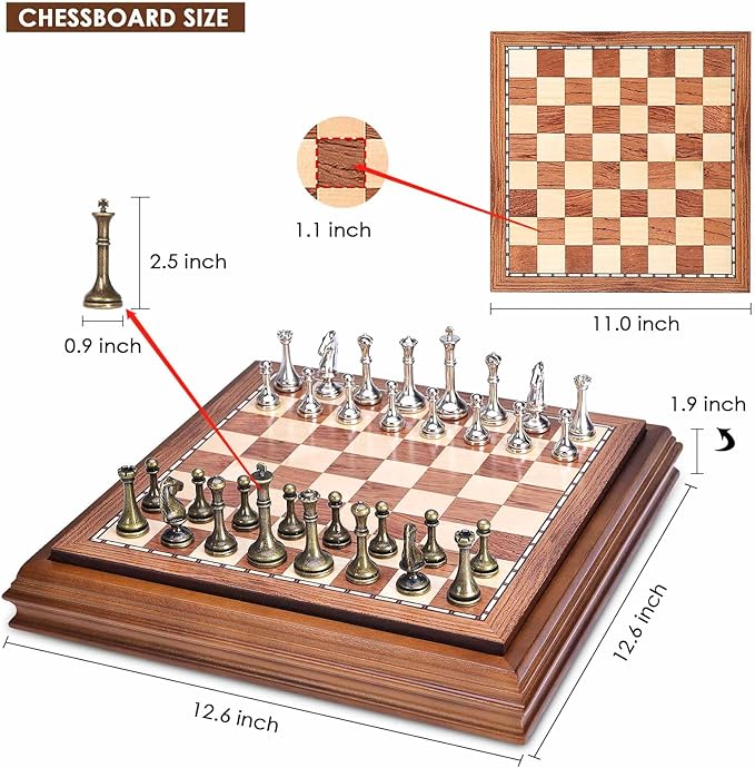 AMEROUS Wooden Chess Board Set with Pieces Storage for Adults Kids 12.5 Inch Chess Set with Metal Pieces Unique Chess Game for Tournament Professional Beginner