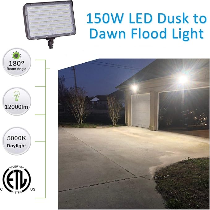 150W LED Outdoor Flood Light Dusk to Dawn, 5000K Daylight 21000Lms AC100-277V 1/2" Adjustable Knuckle Mount,ETL Listed IP65 Waterproof floodlight for Yard Garage