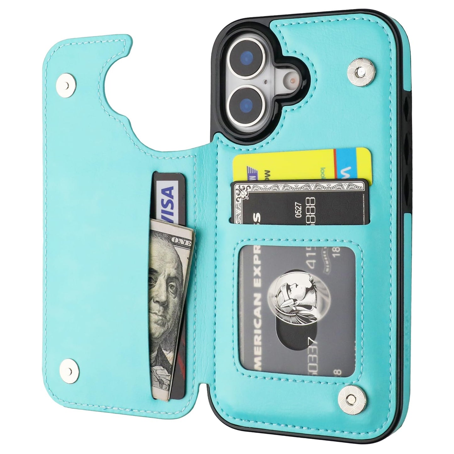 ONETOP Compatible with iPhone 17 Wallet Case with Card Holder, PU Leather Kickstand Card Slots Case, Double Magnetic Clasp and Durable Shockproof Cover 6.1 Inch (Light Blue)