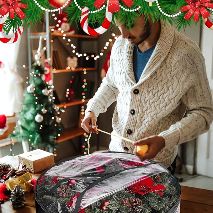 ProPik Christmas Wreath Storage Bag 24" - 2 Pack Clear Christmas Wreath Storage Container- Garland Holiday Artificial Wreath Storage Holder –Water Proof Transparent PVC (24 Inch, Black)