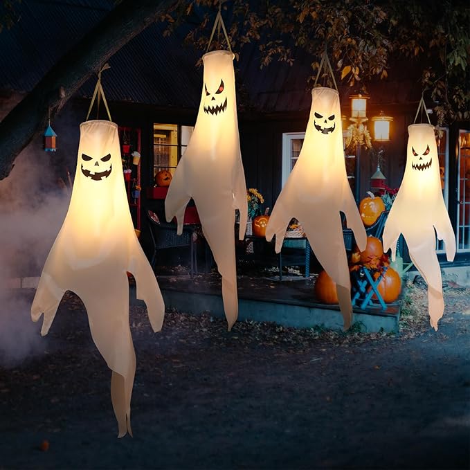 Halloween-Decorations-Outdoor Hanging-Ghost Windsocks for Trees with Timer, LED Ghosts to Hang in Tree Porch Yard, Waterproof, Timer, 4 Pcs (No Batteries)