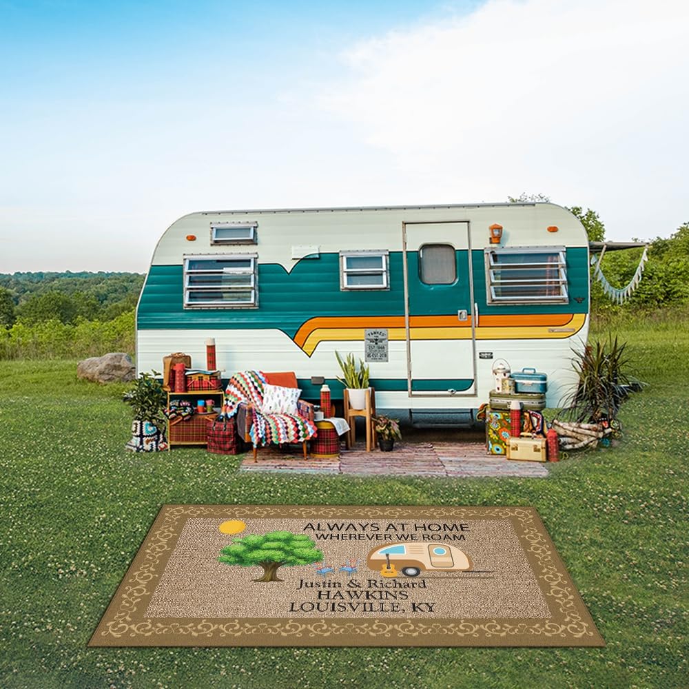 CafeTime Custom Camping Rug Always at Home Wherever We Roam RV Trailer Campsite Decor Floor Mat for Outdoors, Patio, Backyard, Picnic, Beach, Camping, 66 x 99 Inch