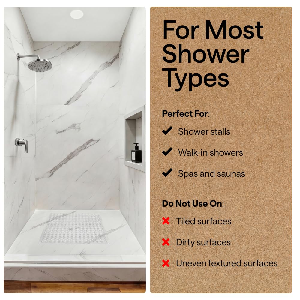 GORILLA GRIP Patented Square Shower Stall Mat, Small Bathtub Floor Mats for Stand Up Showers with Suction Cups and Drainage Holes, Machine Wash, Soft on Feet, Bathroom Accessories 21x21 Inch, Clear