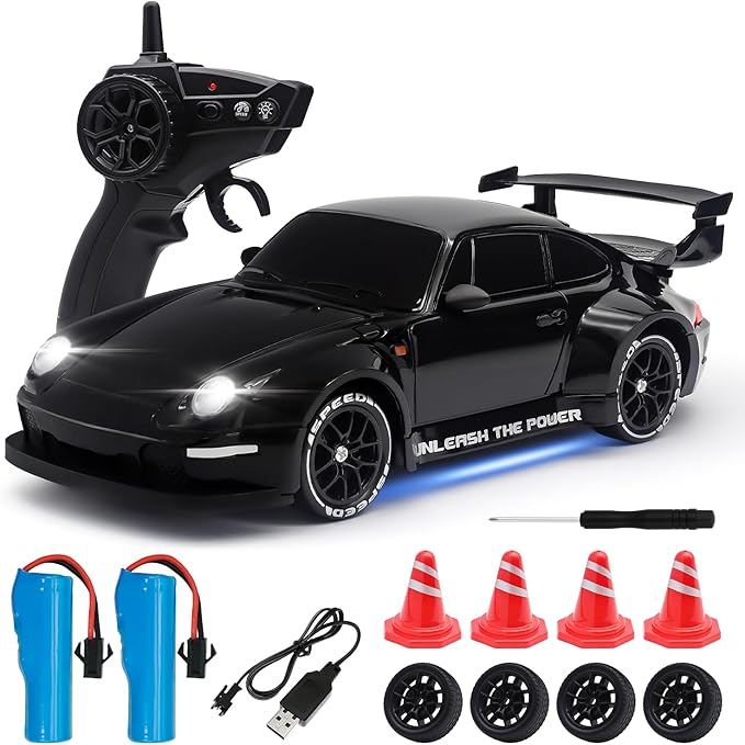 RC Drift Car1:24 Scale Remote Control Car 2.4GHz 20KM/H 4WD High Speed RC Cars for Kids with LED Light Two BatteriesDrifting TiresRacing Vehicle Toy for Adults Boys Girls Black